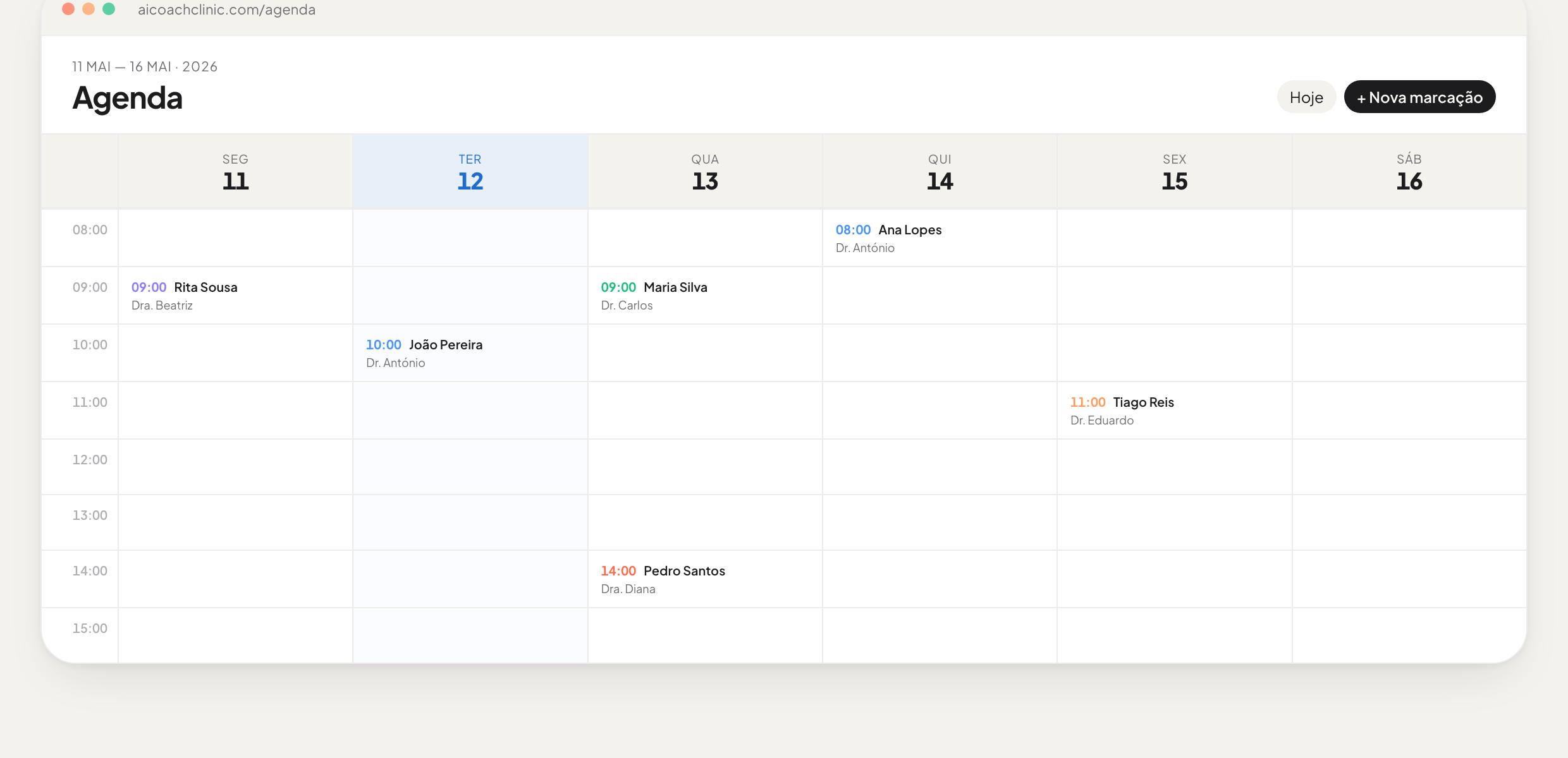 Agenda AI CoachClinic — vista semanal de marcações por profissional